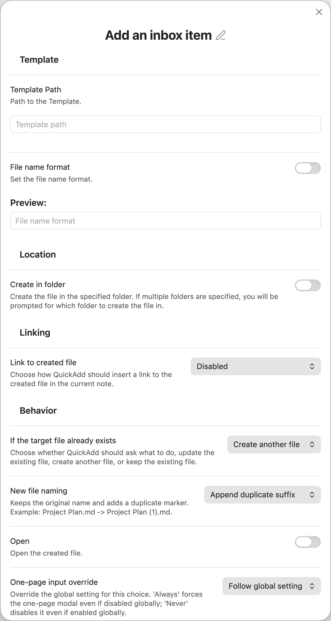 The QuickAdd Template builder, showing the Template, Location, Linking, and Behavior sections